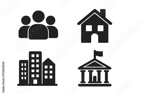 City icon set. Municipal government, real estate, and community symbols. Vector collection for urban life, civic services, housing, and population graphics. Simple flat design.