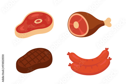 Collection of meat vector icons. Raw beef steak, pork ham, grilled fillet and sausages. Flat design food illustration for butcher shop, market, and barbecue concept design.