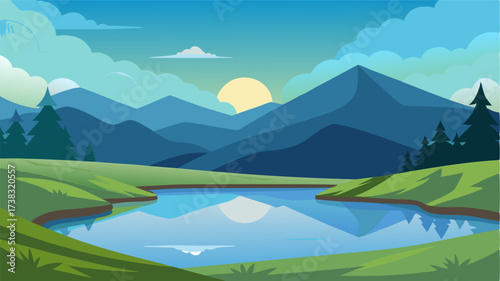A tranquil pond reflecting the surrounding hills their tops just ly peeking over the horizon.