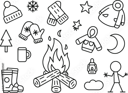 Winter Bonfire Doodle Set with Hand-Drawn Flames, Logs, Snowflakes, Mittens, Hats, Scarves, Boots, Cups, and Marshmallows on Sticks Illustration
