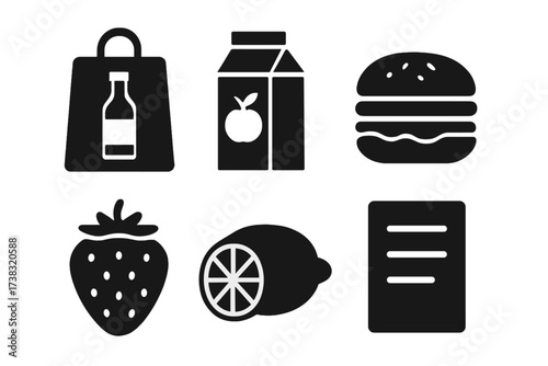 Food delivery icon set. Grocery shopping vector symbols. Restaurant menu glyphs. Fast food, burger, drink, juice, fruit, strawberry, lemon. Online store product icons.