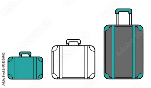 Three suitcases of varying sizes in a row with teal accents luggage travel
