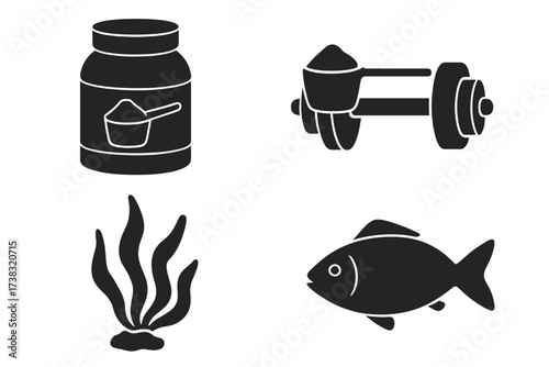 Protein sources vector icon set. Fitness supplements, bodybuilding whey powder, dumbbell, fish and seaweed natural food. Nutrition glyph symbols for gym, sport and healthy diet.