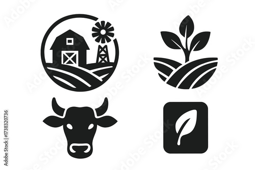 Agriculture and farming vector icon set. Organic food, natural product symbols. Ranch barn, cow head, plant sprout, and leaf glyphs. Eco friendly farm logo collection.