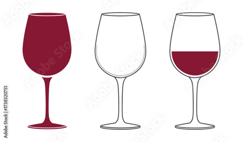 Three wine glasses one full of red wine one empty one half full empty glass half full glass