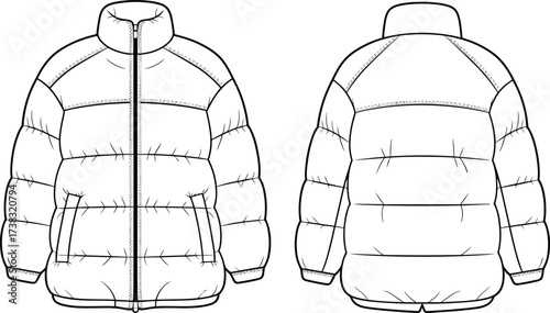 Winter puffer jacket fashion template front and back view, padded coat outerwear design vector illustration, clothing mockup for apparel branding and tailoring