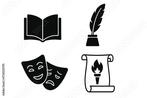 Literature and arts vector icon set. Black glyphs of book, quill pen, theater masks, and scroll. Symbols for storytelling, drama, poetry, history, and education.