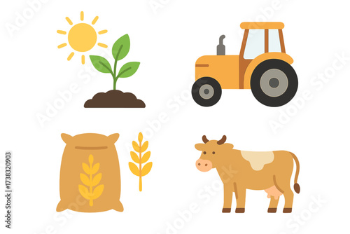 Set of agriculture and farming icons. Vector collection with farm symbols. Tractor, cow, livestock, plant sprout, sun, wheat grain sack. Organic food and animal breeding concept.