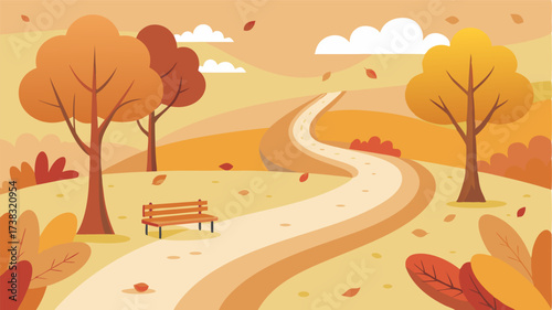 A winding path lined with fallen leaves leading through a charming park dotted with charming little bridges and quaint benches.