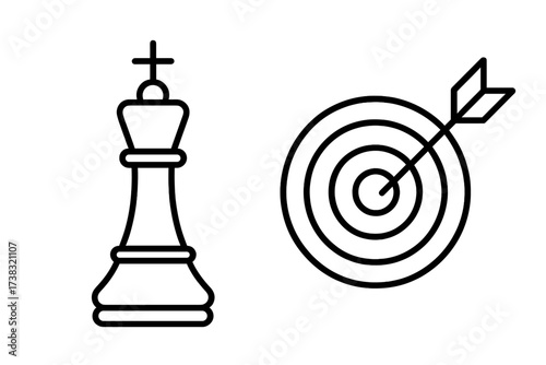 Business strategy concept with chess king and target icon. Metaphor for leadership, goal, checkmate, victory. Hitting the mark, success, aim, mission, objective.