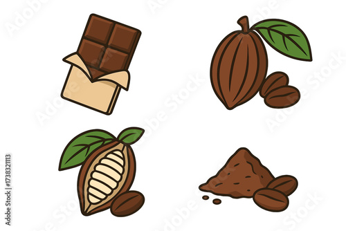 Chocolate bar and cocoa beans vector icon set. Cacao pod, fruit, and powder illustrations. Natural organic ingredient for sweet dessert food. Chocolate making process concept.