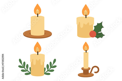 Vector set of decorative burning candles. Collection of candlelight icons with flame and wax. Christmas holiday decor with holy leaf. Cozy romance symbol. Isolated illustration.