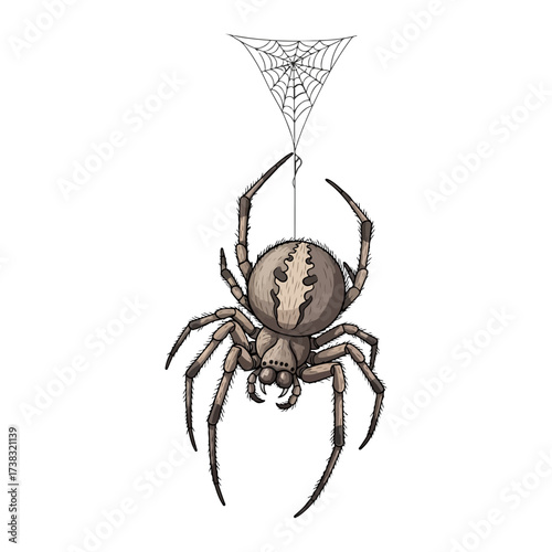 Realistic Vector Clipart of Creepy Spider Hanging from Cobweb