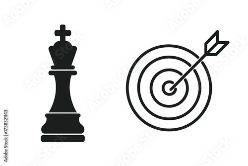 Business strategy concept for success and victory. Chess king for leadership and checkmate. Target with arrow for goal achievement, focus, precision, and market objective.