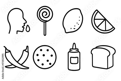 Taste and flavor icon set. Vector line art of sweet, sour, spicy food. Includes lollipop, lemon, chili pepper, cookie, bread, and sauce. Salivating man drooling concept.