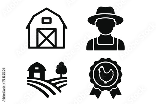 Farm and agriculture icon set. Farmer, barn, and rural landscape symbols. Quality chicken prize ribbon for local, homemade, and organic food. Farming vector glyph collection.