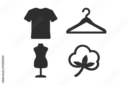 Fashion and garment industry icon set. Vector collection with t-shirt, hanger, tailor mannequin and cotton plant symbols. Apparel, textile and clothing design elements.