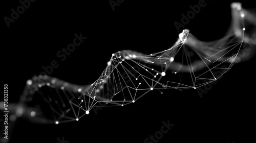 Abstract 3D DNA helix made of glowing white dots and connecting lines on black background, symbolizing digital genetics, data science, and biotechnology
