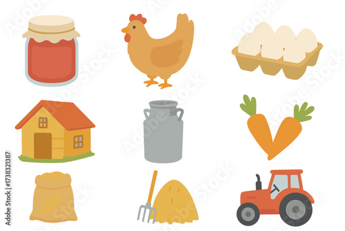 Farm and agriculture vector icon set. Collection of countryside elements: tractor, barn, chicken, eggs, milk can, jam, carrots, grain. Homemade organic food & rural life concept.