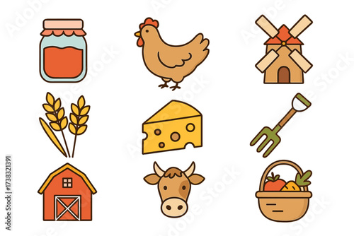Farm and agriculture icon set. Vector collection of homemade food and countryside symbols. Includes barn, chicken, cow, cheese, jam, wheat, and windmill for local market.