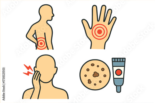 Pain and dermatology icon set. Vector illustrations of backache, hand joint pain, toothache, and skin rash with cream. Healthcare and medical symbols for body ache and injury.