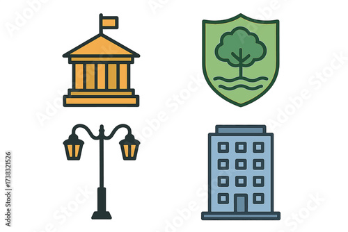 City icon set. Vector collection of municipal symbols. Government building, courthouse, office, park protection shield, and street light. Urban infrastructure and real estate.
