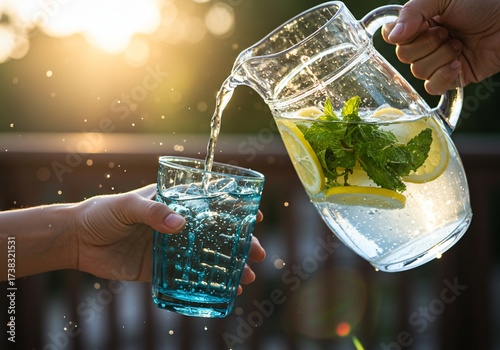 Pouring refreshing lemon and mint infused water into a glass on a sunny day.