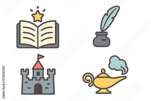 Fairytale and storytelling icon set. Magic book, fantasy castle, quill and inkwell, and genie lamp vector collection. Icons for creative writing, history, and imagination.