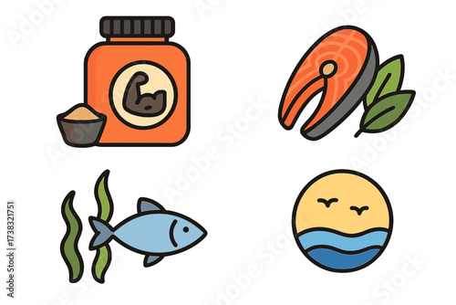 Protein sources icon set vector. Salmon steak, fish, whey supplement, and sea logo collection. Nutrition for fitness, bodybuilding and healthy food. Natural seafood illustration.