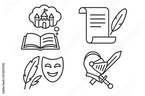 Storytelling and literature icon set. Vector line art of fairytale book, castle, knight helmet, sword, theater mask, quill pen and scroll. History and fantasy concept.