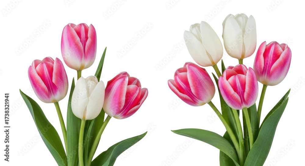 Naklejka premium Isolated arrangement of pink and white tulip flowers, graceful floral element, perfect bouquet