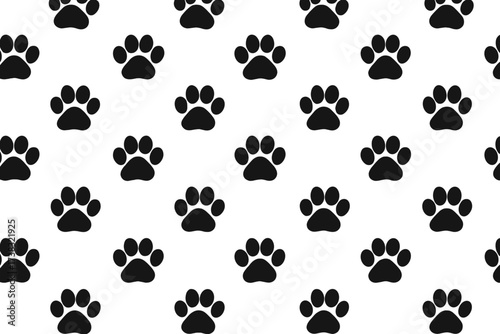 Paw print seamless pattern. Dog or cat footprint trail. Animal track silhouette background. Vector illustration for pet-related design, fabric, or wallpaper. Pet lover theme.