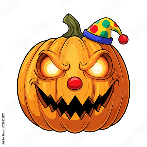 Cartoon Clown Pumpkin with Glowing Eyes and Funny Spooky Grin Vector Illustration