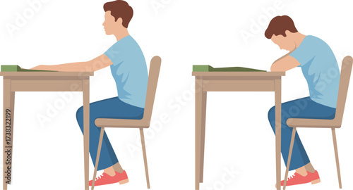 Young man sitting at desk studying and feeling tired, student resting head on arms, exhaustion fatigue concept, education stress illustration