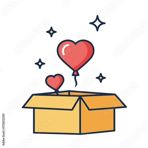 Illustration of a box with heart-shaped balloons floating out of it.