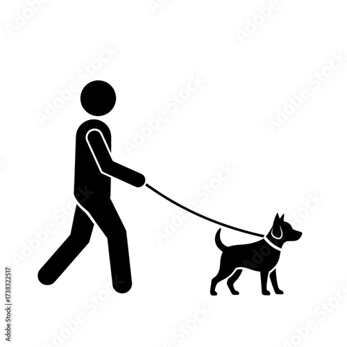Stick figure walking a dog on a leash, simple black and white illustration.