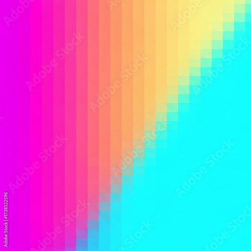 Abstract pixelated color gradient with magenta, orange, yellow, and cyan hues creating a vibrant visual effect.