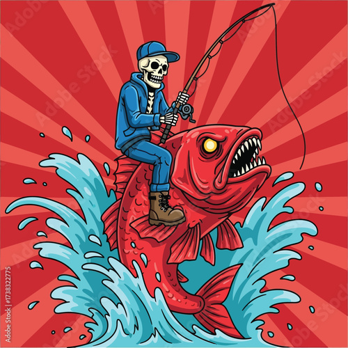 Skeleton angler rides a ferocious red fish through dynamic ocean waves, capturing a thrilling fishing adventure with vibrant energy