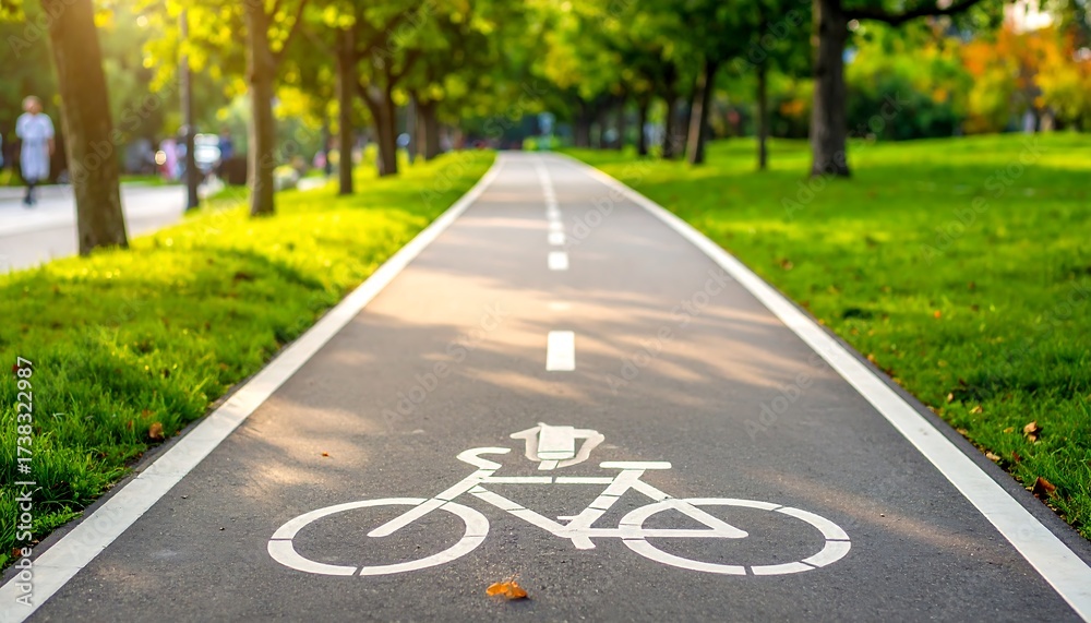 Obraz premium Bike path in park with trees and green grass.