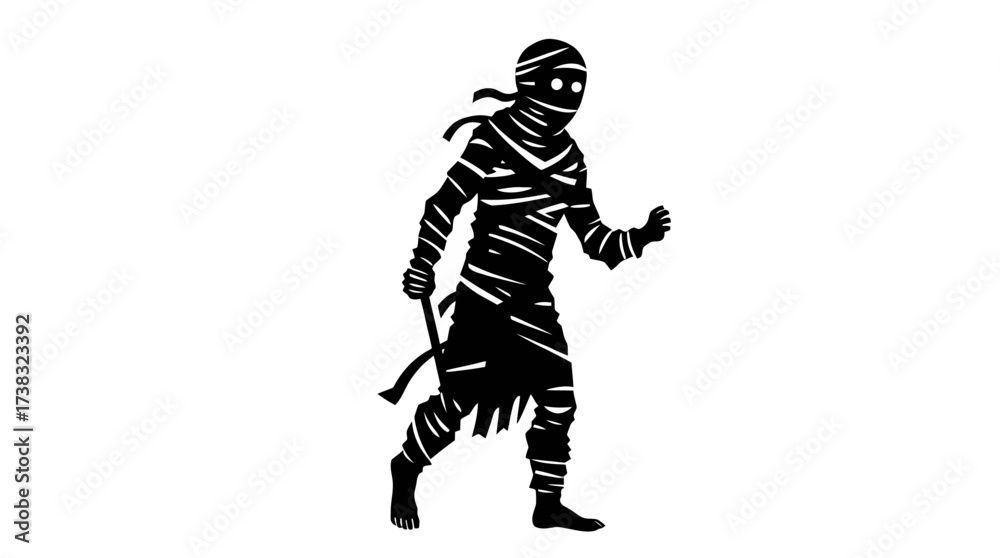 Fototapeta premium Cartoon mummy figure standing with a cane, wrapped in bandages, isolated on white, with dark eyes.