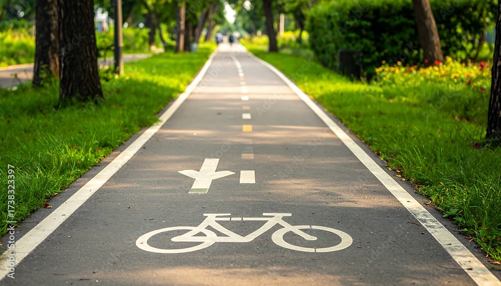Obraz premium Dedicated Bike Path Through Lush Green Trees.