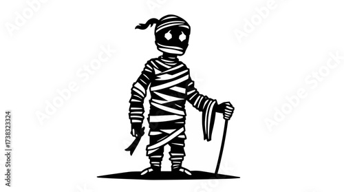 Cartoon illustration of a mummy figure wrapped in bandages, holding a cane, standing on a small patch of ground.