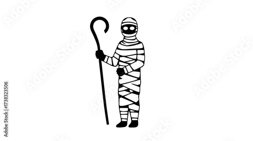 Cartoon mummy figure standing with a cane, wrapped in bandages, isolated on white, with dark eyes.