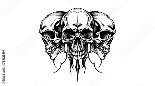 Three detailed skulls, rendered in black and white, against a plain white background.