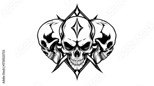 Three skulls arranged around a diamond shape, with spikes emanating from the center skull. Black and white illustration.