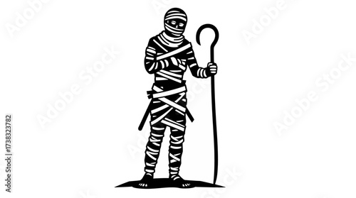 Cartoon mummy figure standing with a cane, wrapped in bandages, isolated on white, with dark eyes.