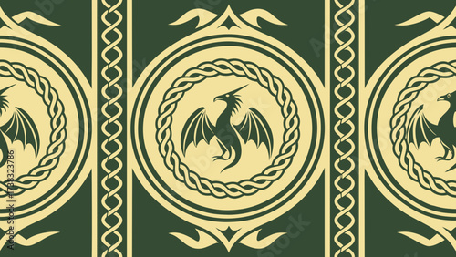 Vector Medieval Tapestry Pattern with Dragons Griffins and Phoenixes Seamless Ornamental Gold and Emerald Design Intricate Editable Woven Textile Illustration