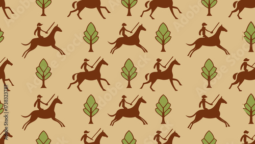 Vector Medieval Illustration of Hunters on Horses with Trees Simple Stylized Design Retro Historic Heraldic Style Artwork