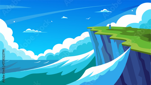 A windswept promontory with crashing waves below and endless blue sky above creating a sense of infinite space and freedom.
