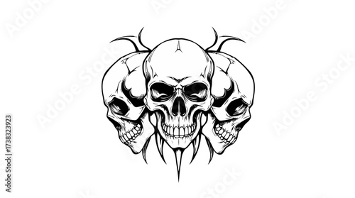 Three skulls arranged in a row, the center skull facing forward, with a spiky design beneath.